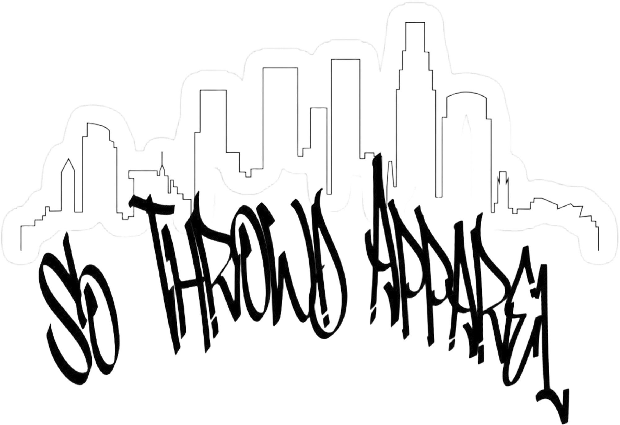 A stylized black and white drawing of a city skyline with various tall buildings, overlaid with the phrase 'So throwd apparel' written in large, black, playful lettering