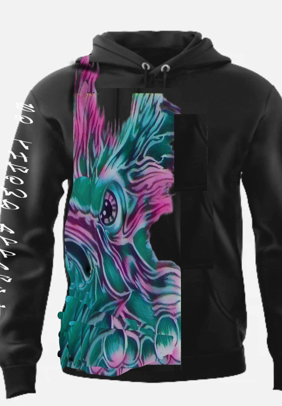 Black hoodie with a colorful abstract design of a horse's face, featuring shades of pink, blue, and purple, along with white text running down the left sleeve.