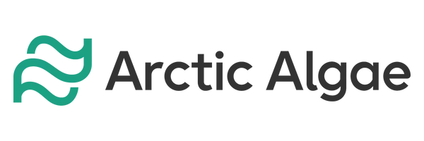 A logo with a stylized green wave sign and the word 'Arctic Algae' in black next to it.