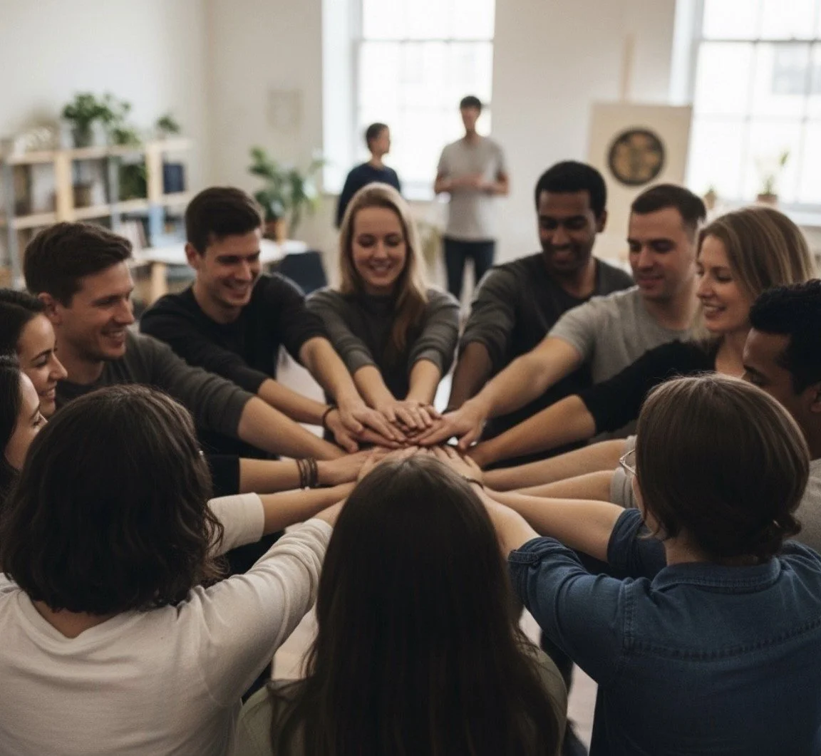 Group of diverse young adults gathered around a table, placing their hands together in the center as a sign of teamwork or unity, in a bright indoor setting.
