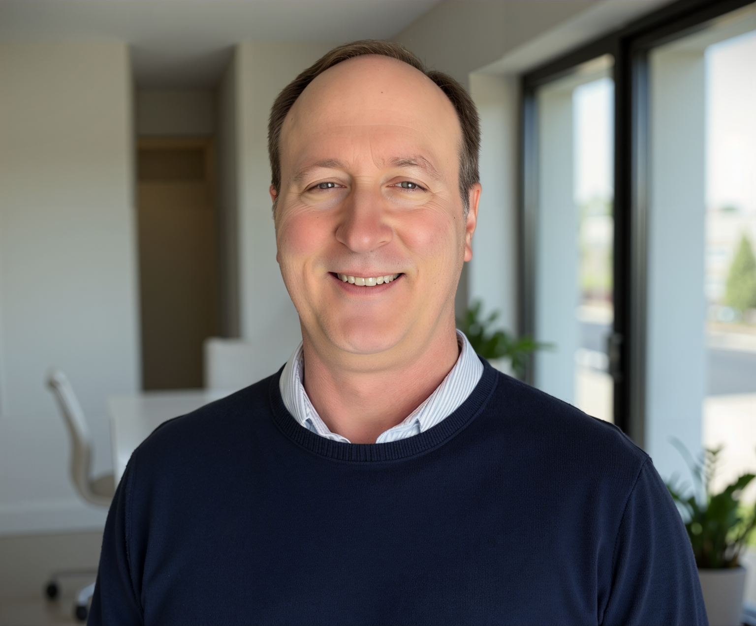 Man smiling in a modern office with large windows and minimal decor