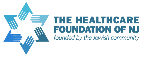 Logo of The Healthcare Foundation of NJ featuring six blue hands forming a star, with text indicating it's founded by the Jewish community in New Jersey.
