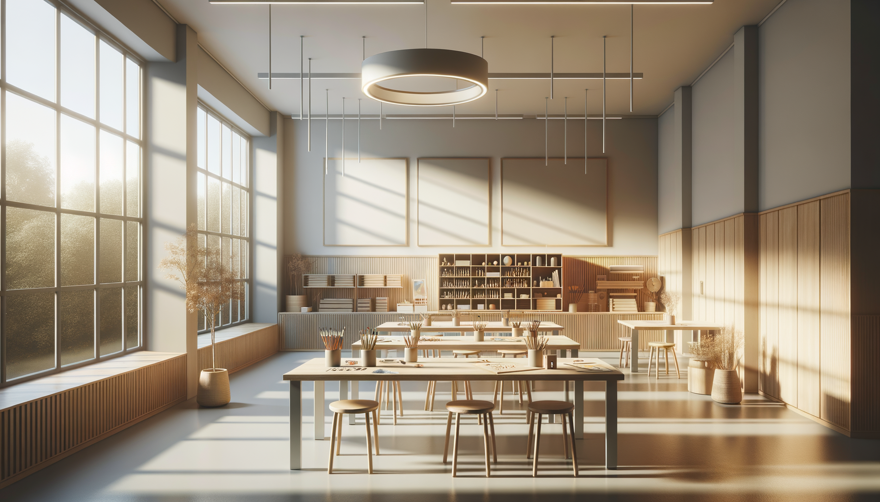 A spacious bright classroom with large windows, wooden furniture, and sunflower decorations, illuminated by sunlight.