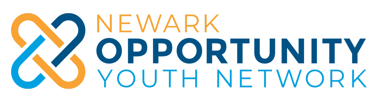 Logo of Newark Opportunity Youth Network, featuring interlinked orange and blue infinity symbols and the text 'Newark Opportunity Youth Network' in orange and blue.