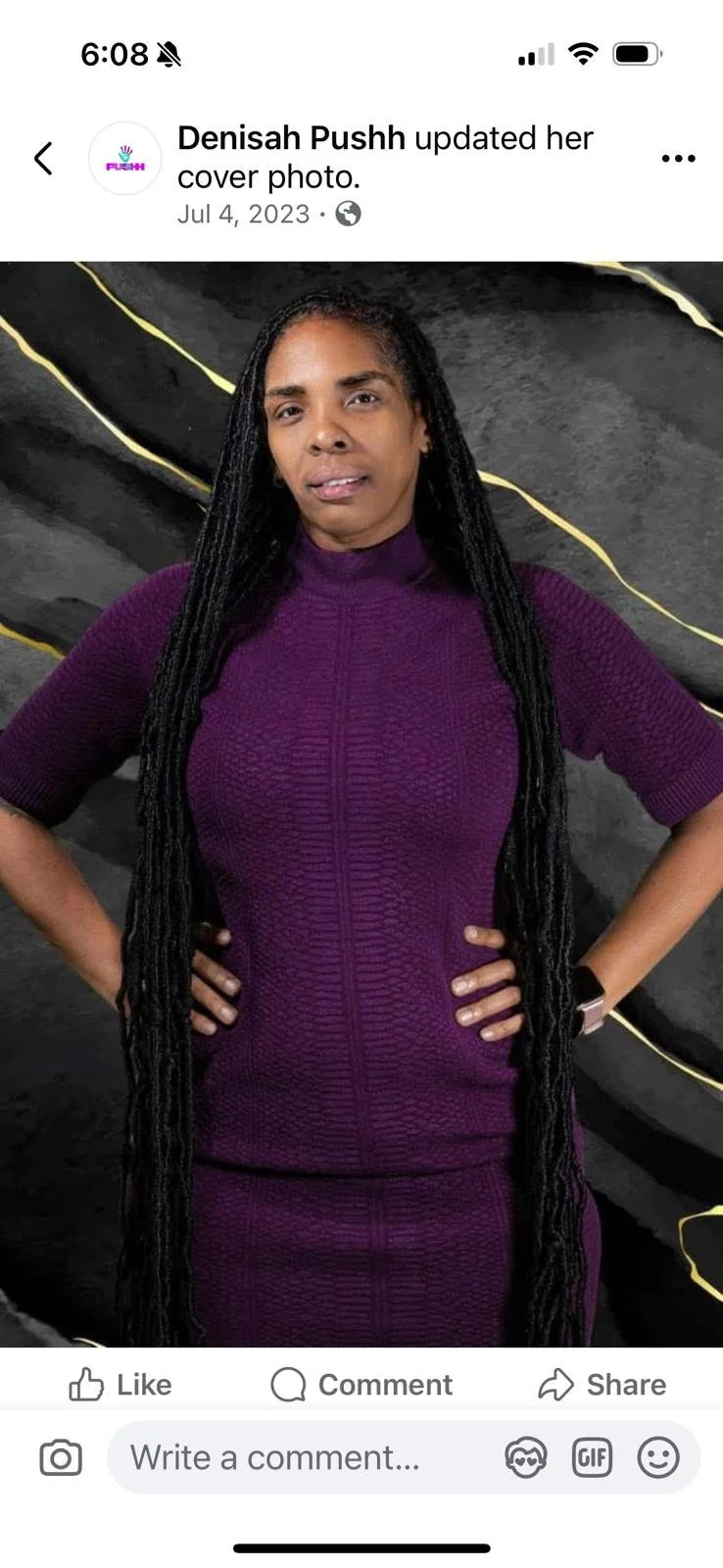 Woman standing with hands on hips, wearing a purple textured dress and long braids, in front of a black background with gold accents.