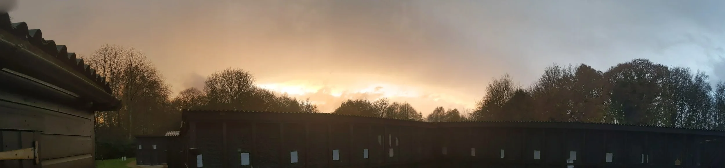 Sunset sky with sunlight breaking through clouds behind trees and a dark building in the foreground.
