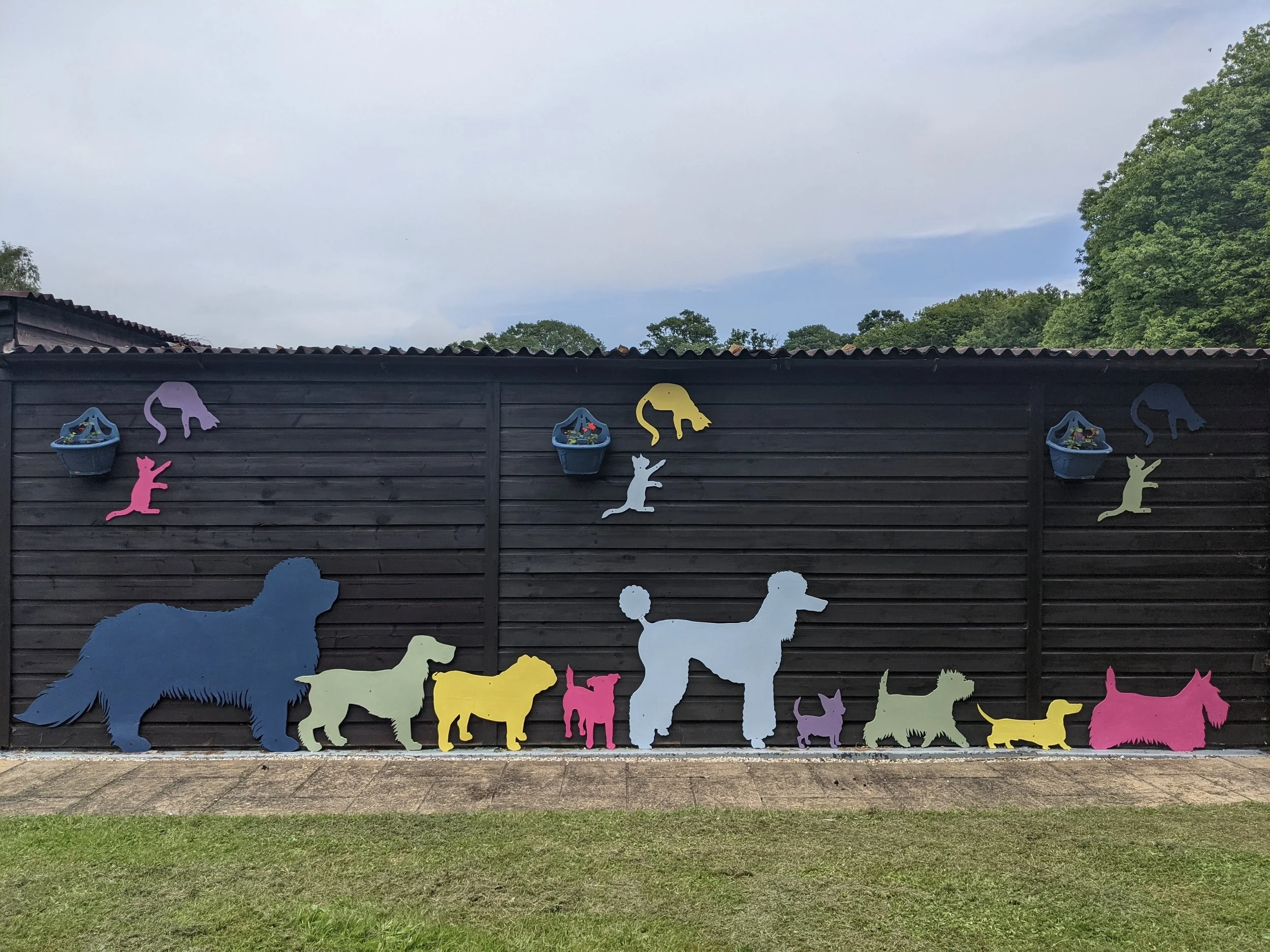 Colorful silhouette of various dog breeds and cats arranged on a black wooden fence, with flower baskets attached at the top.