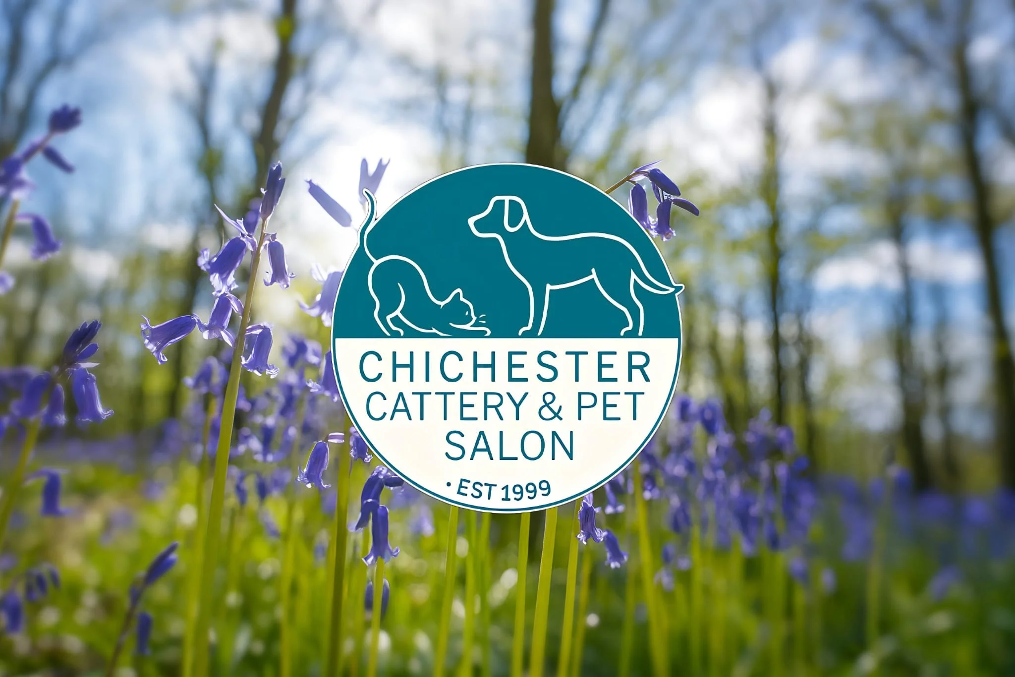 Logo for Chichester Cattery & Pet Salon with a dog and cat illustration, set against a background of bluebells and trees.