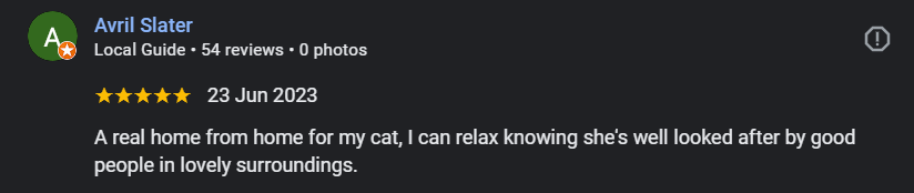 Screenshot of a Google review by Avril Slater for a home, with 5 stars, dated June 23, 2023, praising the home as a good place for her cat.