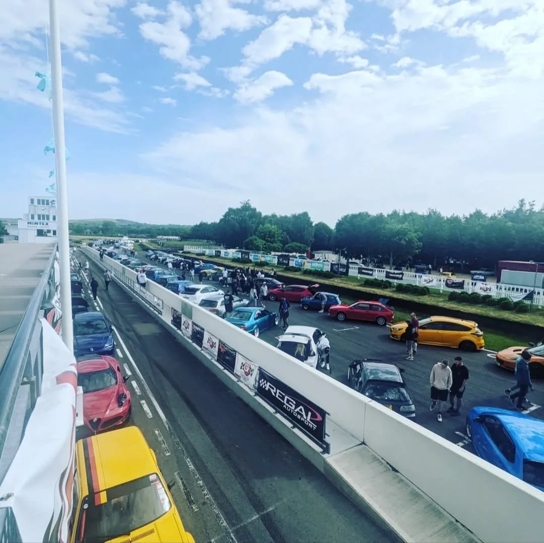 View of a motorsport event with a line of colorful cars parked and people walking along the track. The scene includes a white barrier with advertisements and a clear blue sky with scattered clouds at Goodwood race track.