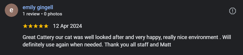 Screenshot of a customer review for a pet cattery, praising the environment and staff.