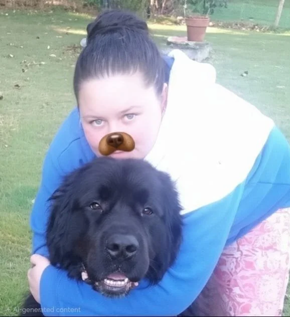 A woman with dark hair tied in a bun wearing a white and blue jacket, crouching outdoors on grass, with a large black dog. She has a dog nose filter on her nose, creating a playful look.