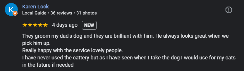Screenshot of a Google review by Karen Lock about a dog grooming service, praising the staff and their care for her dog, with five stars.