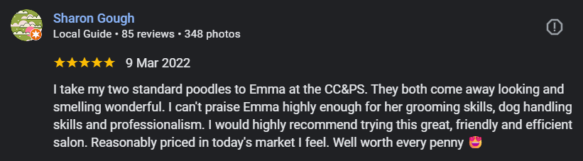 Screenshot of a five-star review for a dog grooming service, praising the groomer Emma for her skills, professionalism, and friendly service.