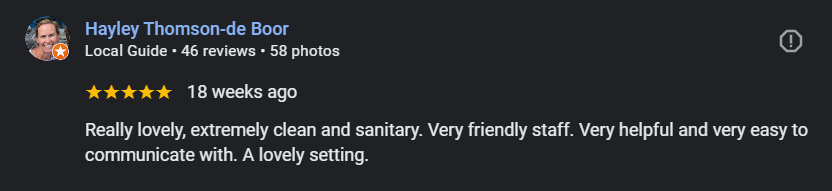 Review of a cleaning service from Hayley Thomson-de Boor, praising the cleanliness and friendly staff.