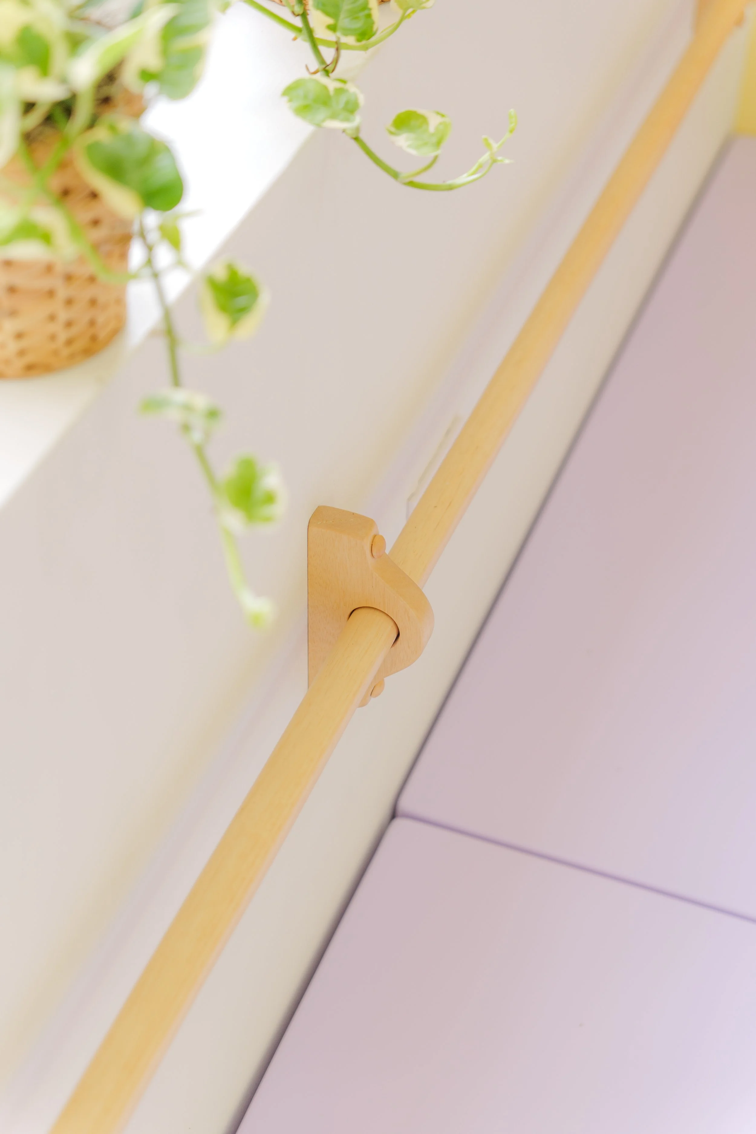 Detalle de una barandilla de madera en una pared con una planta en una maceta a la izquierda