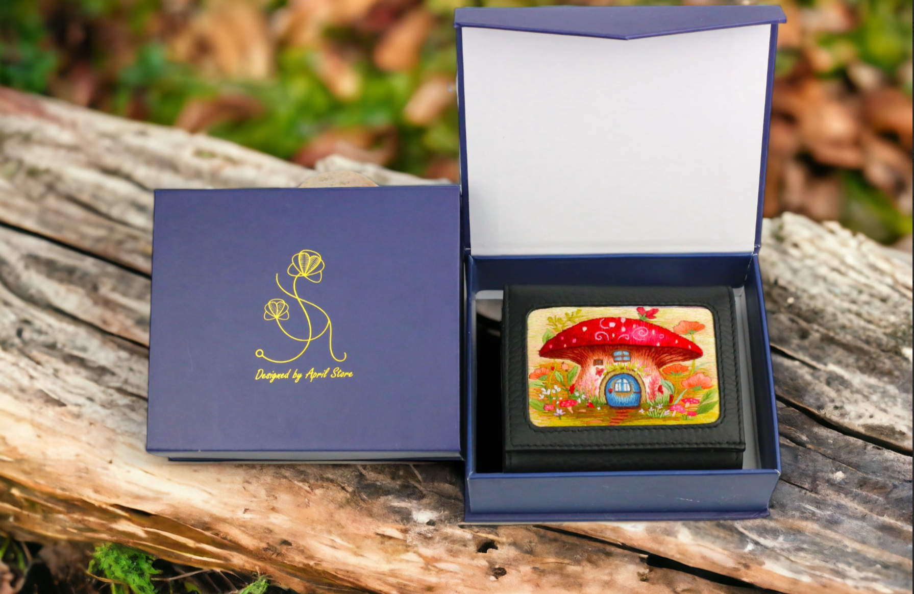 Handemade wallet sitting on branch