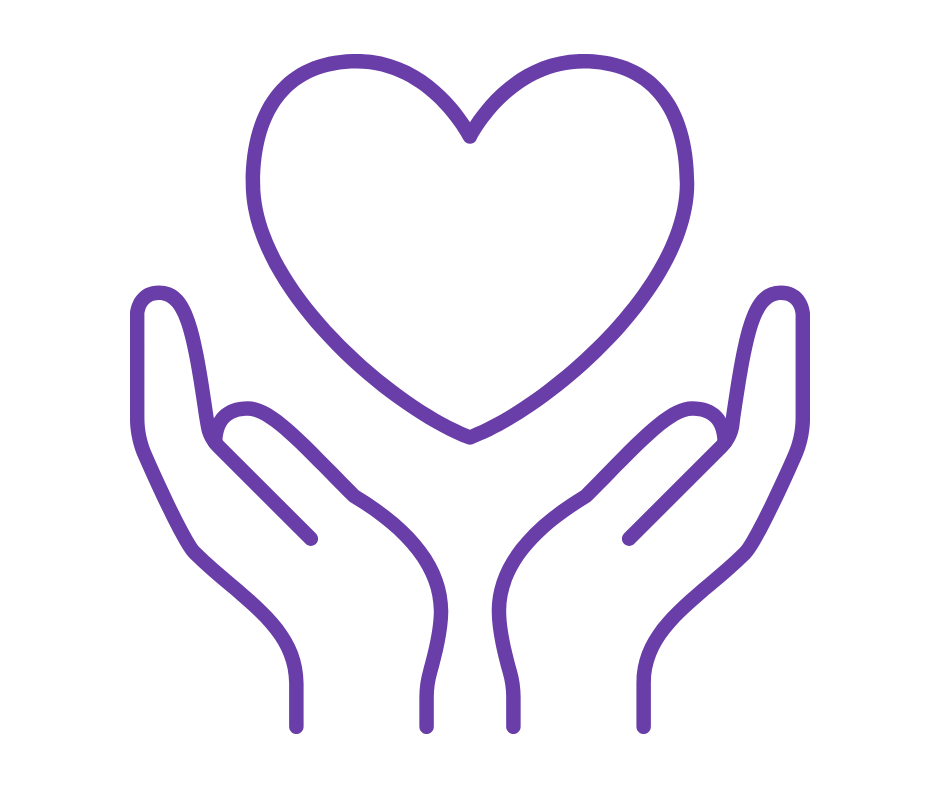 Two hands holding a heart glowing with purple neon outline.