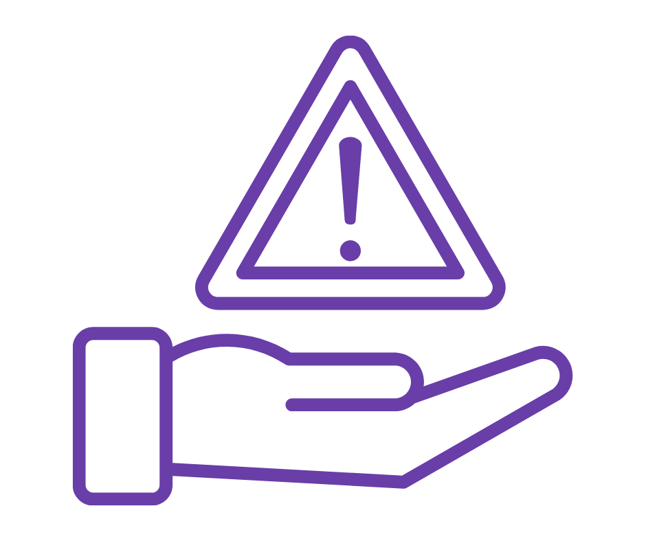 Outline of a hand holding a warning triangle with an exclamation mark inside.