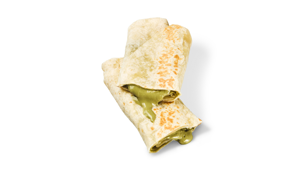 Zwei Wraps mit grünem Füllungsinneren, leicht gebräunt auf der Oberfläche.