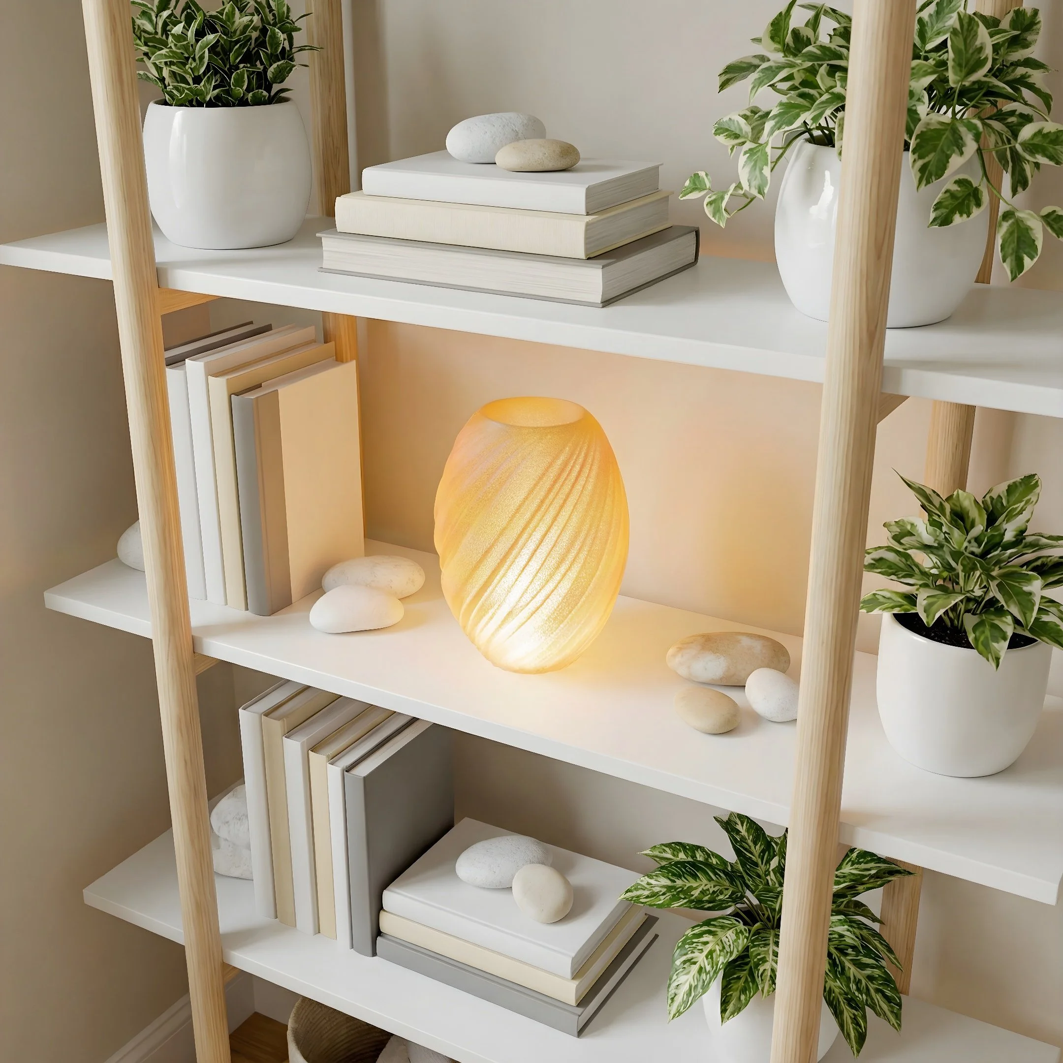 A bookshelf with plants, books, a glowing 3d printed lamp, and decorative stones.