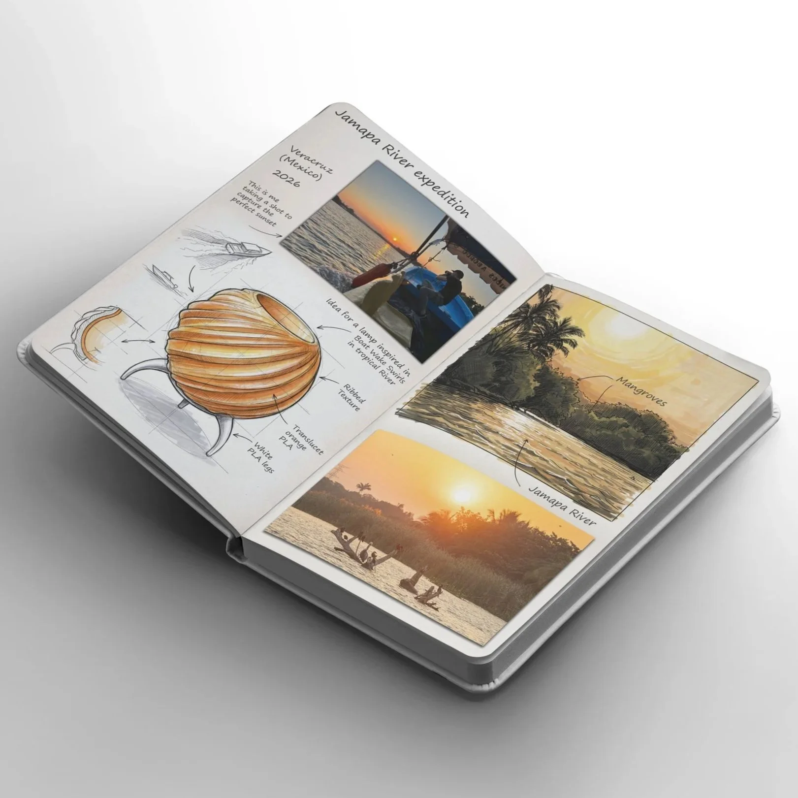 Open scrapbook with travel journal pages containing photos of the Jamapa River expedition, a sunset over the river, a drawing of a lamp inspired by tropical river scenes, and hand-drawn illustrations of the river, mangroves, and boats on the water.