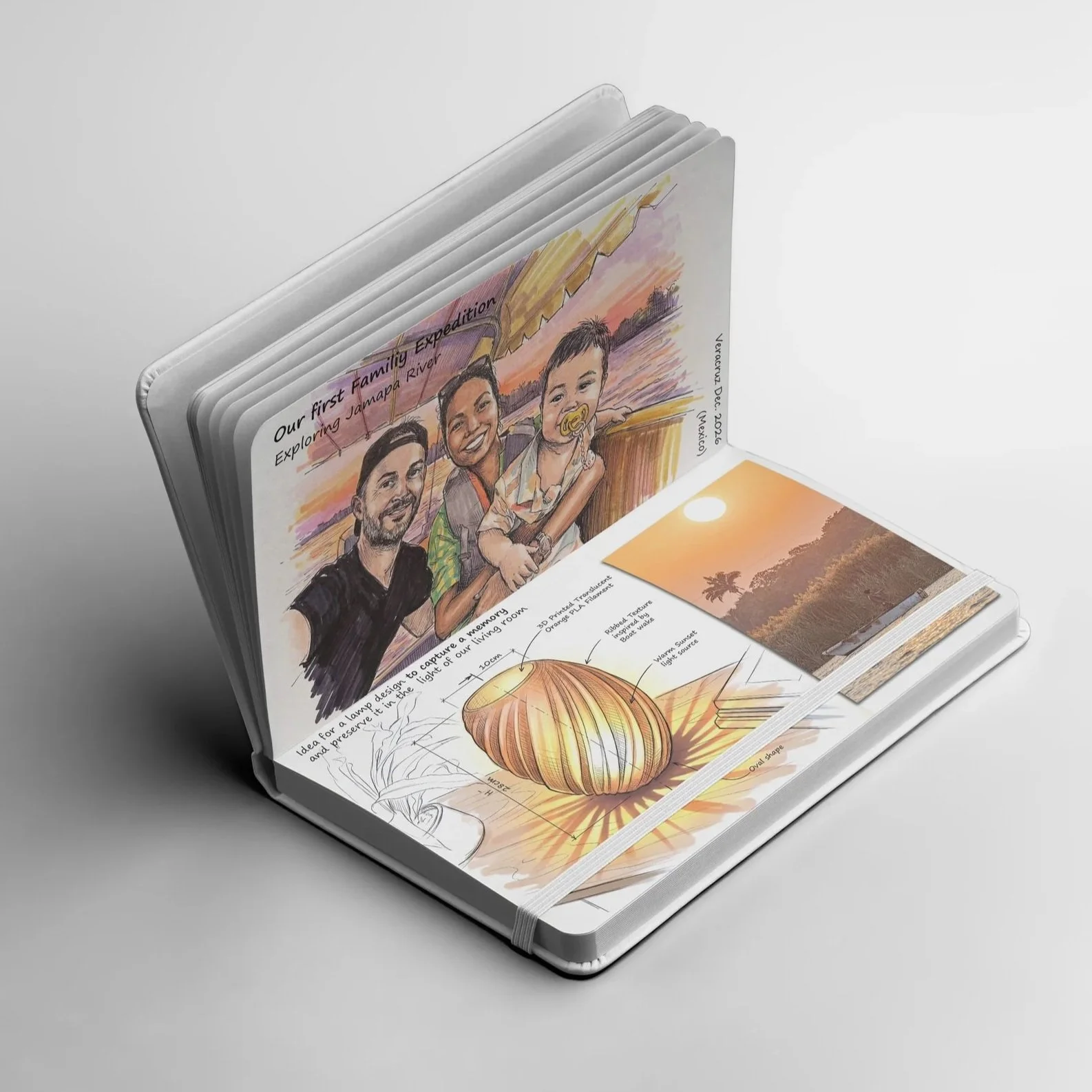 Open scrapbook featuring a colorful illustration of a family and a sunset photo, with travel journal pages containing photos of the Jamapa River expedition, a sunset over the river, a drawing of a lamp inspired by tropical river scenes,
