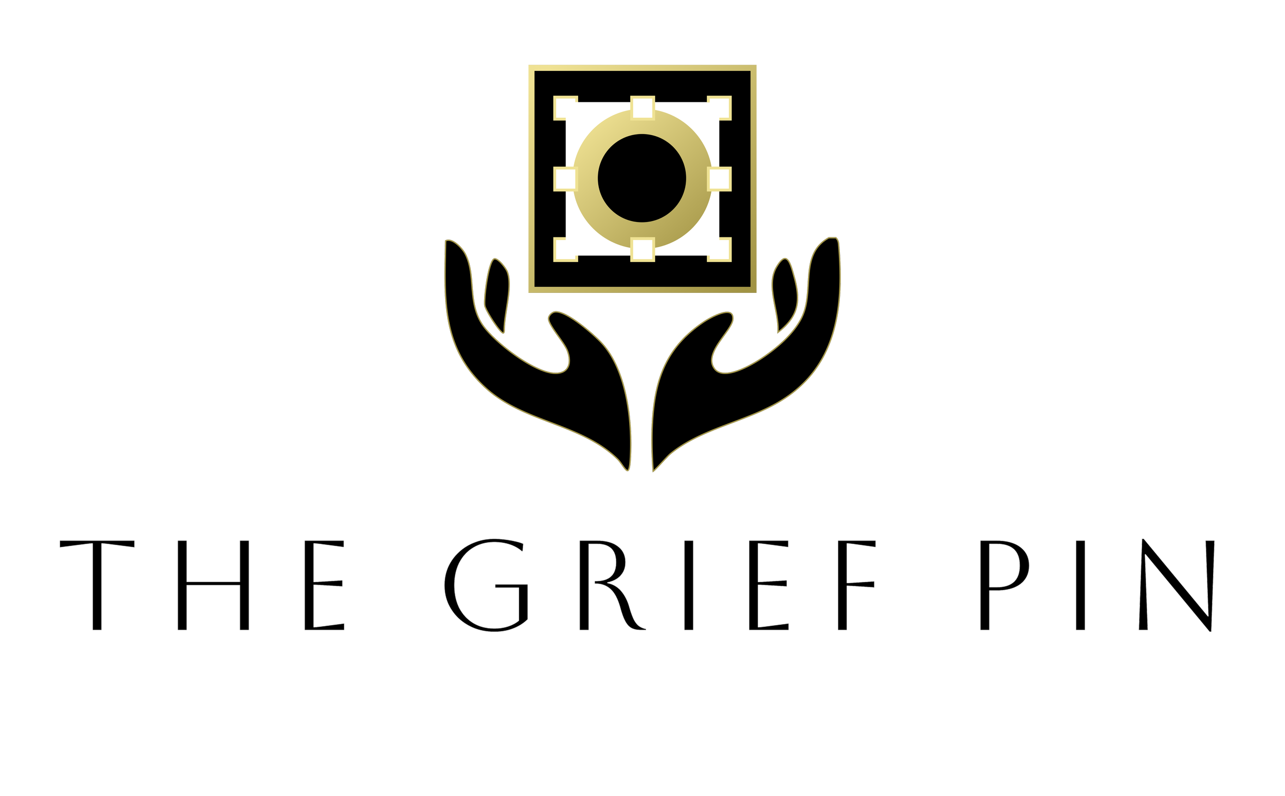 A digital illustration of a logo with a pair of stylized hands holding a square-framed camera in gold and white, with the words "THE GREFIN" below.
