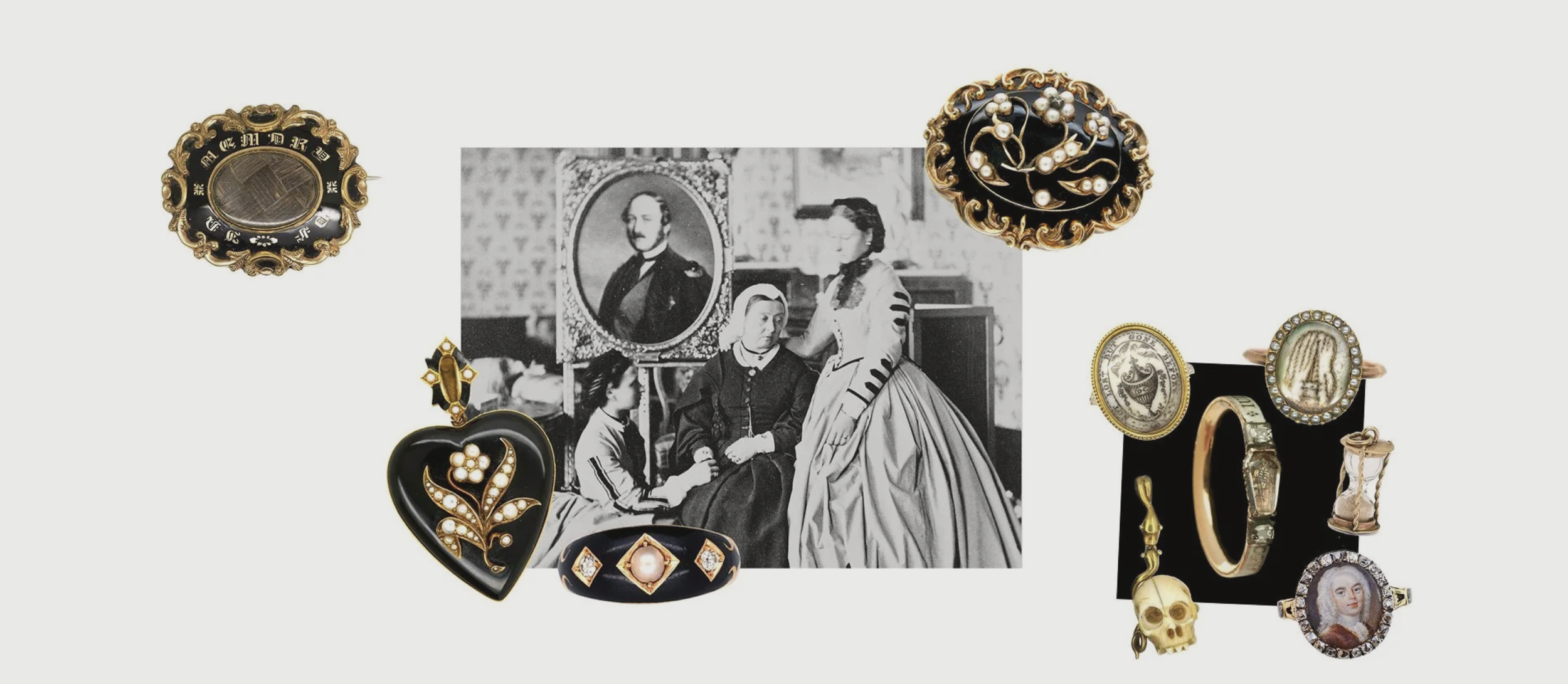 A collage of vintage jewelry pieces surrounding a black-and-white photograph of three women in historical clothing, with one woman seated and two standing, in a room with ornate wallpaper and a portrait of a man in the background.