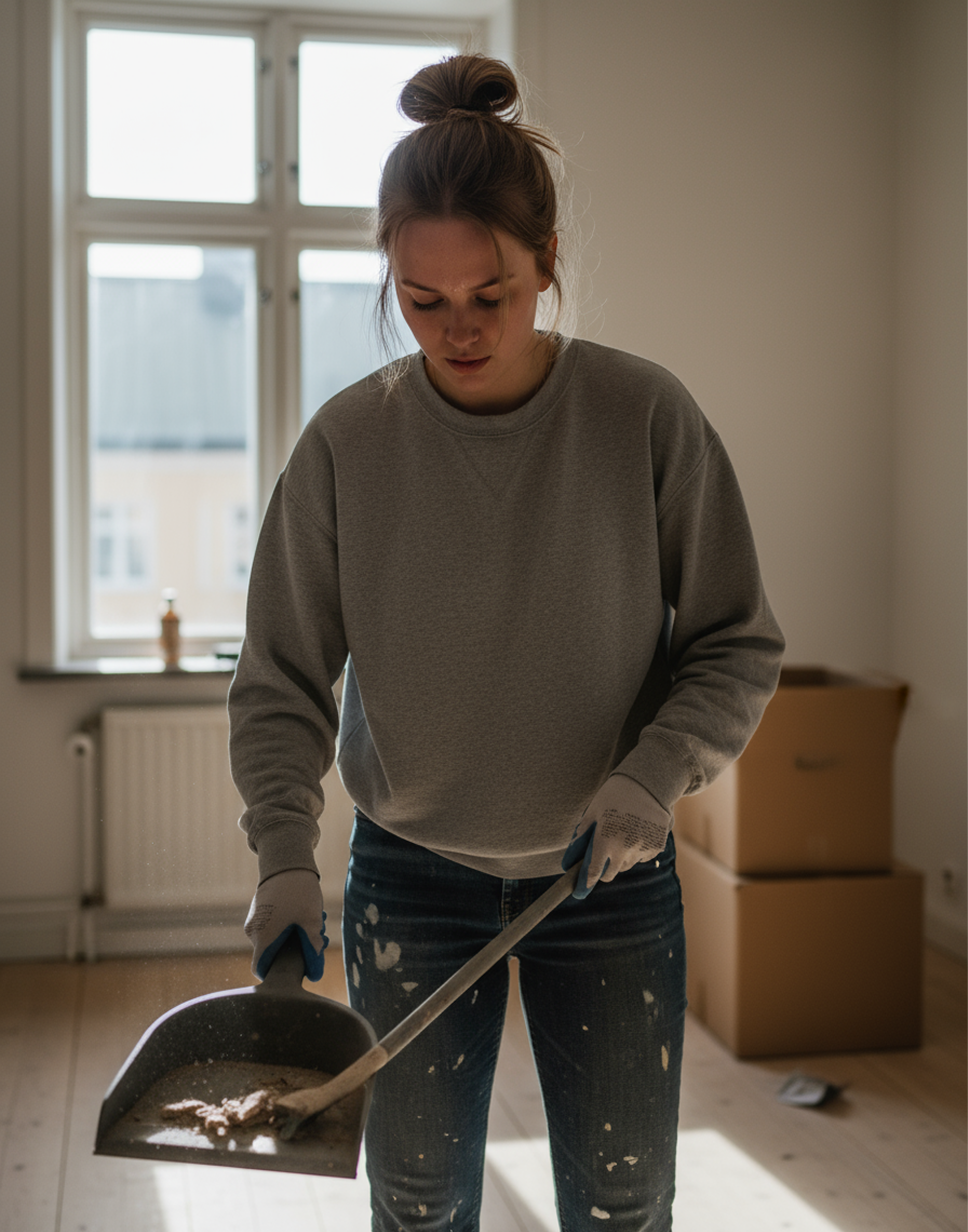 Hyresgäst städar inomhus.