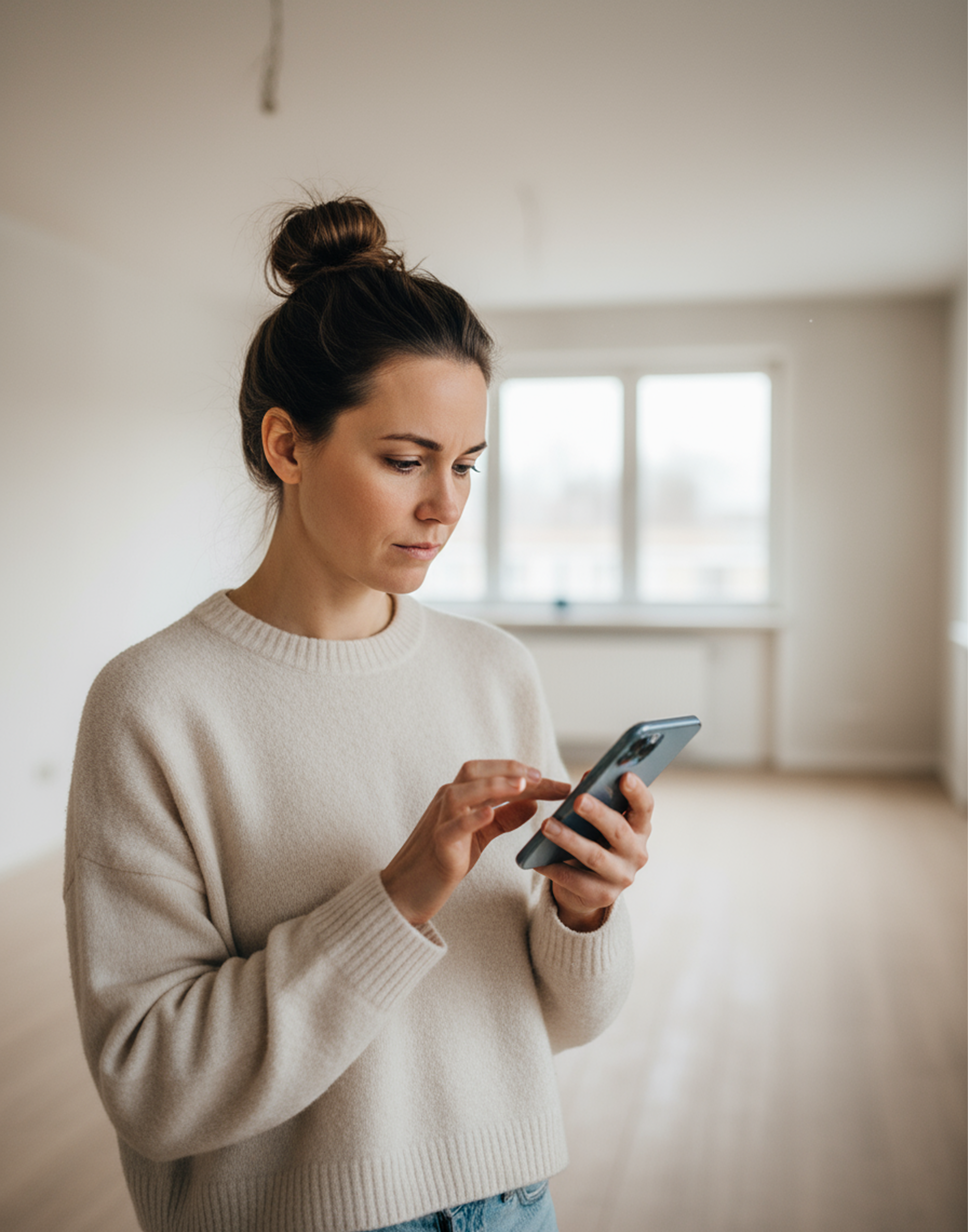En kvinna i en beige tröja som använder en smartphone i ett tomt rum med stora fönster.