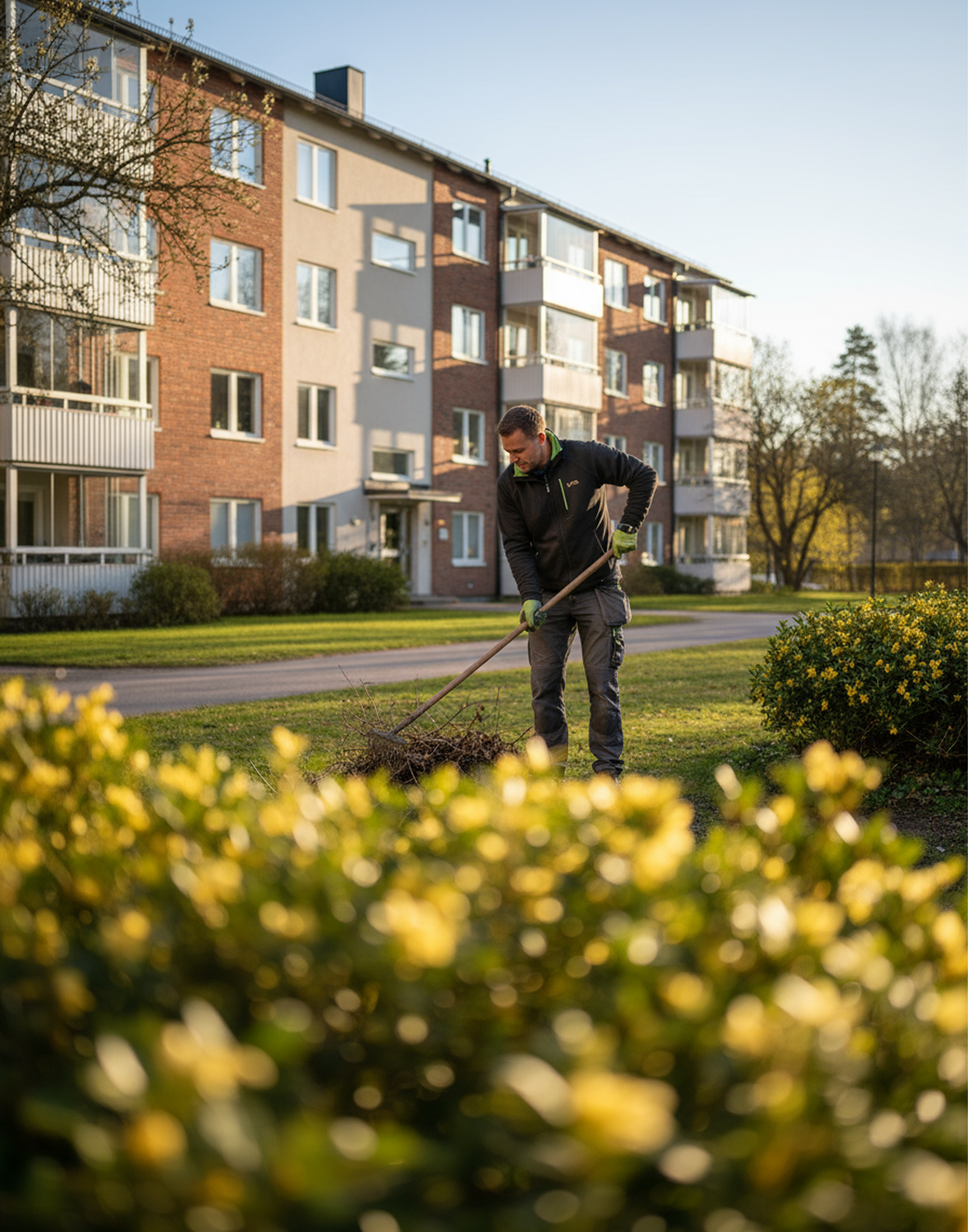 Man som rensar rabatt i förmiddagssol framför ett flerfamiljshus.