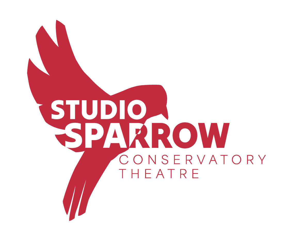 Logo of Studio Sparrow Conservatory Theatre featuring a stylized red sparrow with bold white and red text.