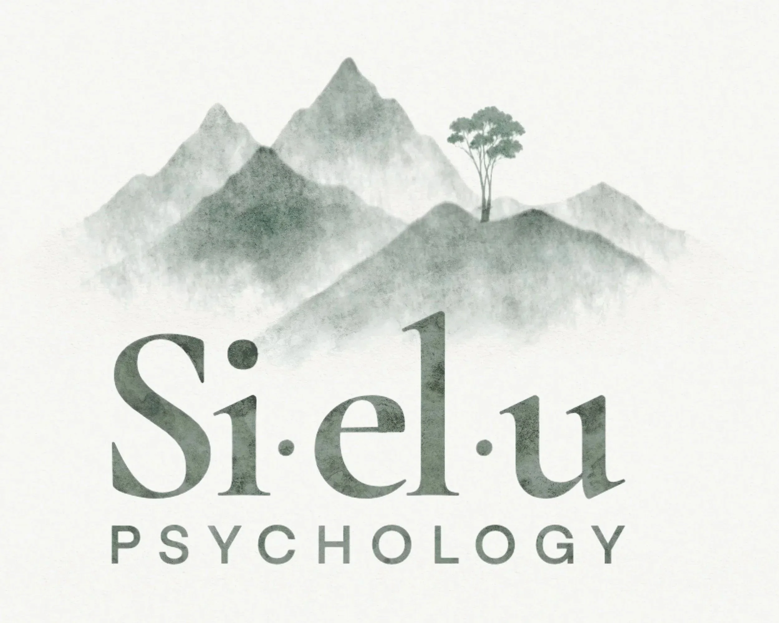 Logo for Sì•lìu Psychology featuring a mountain landscape with mist, mountains, and a lone tree.