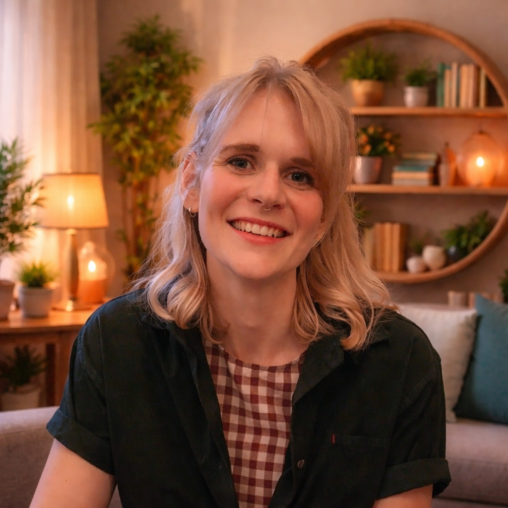A smiling woman with blonde hair and a nose ring sitting in a cozy living room with warm lighting, plants, and wooden shelves with books and decorative items.