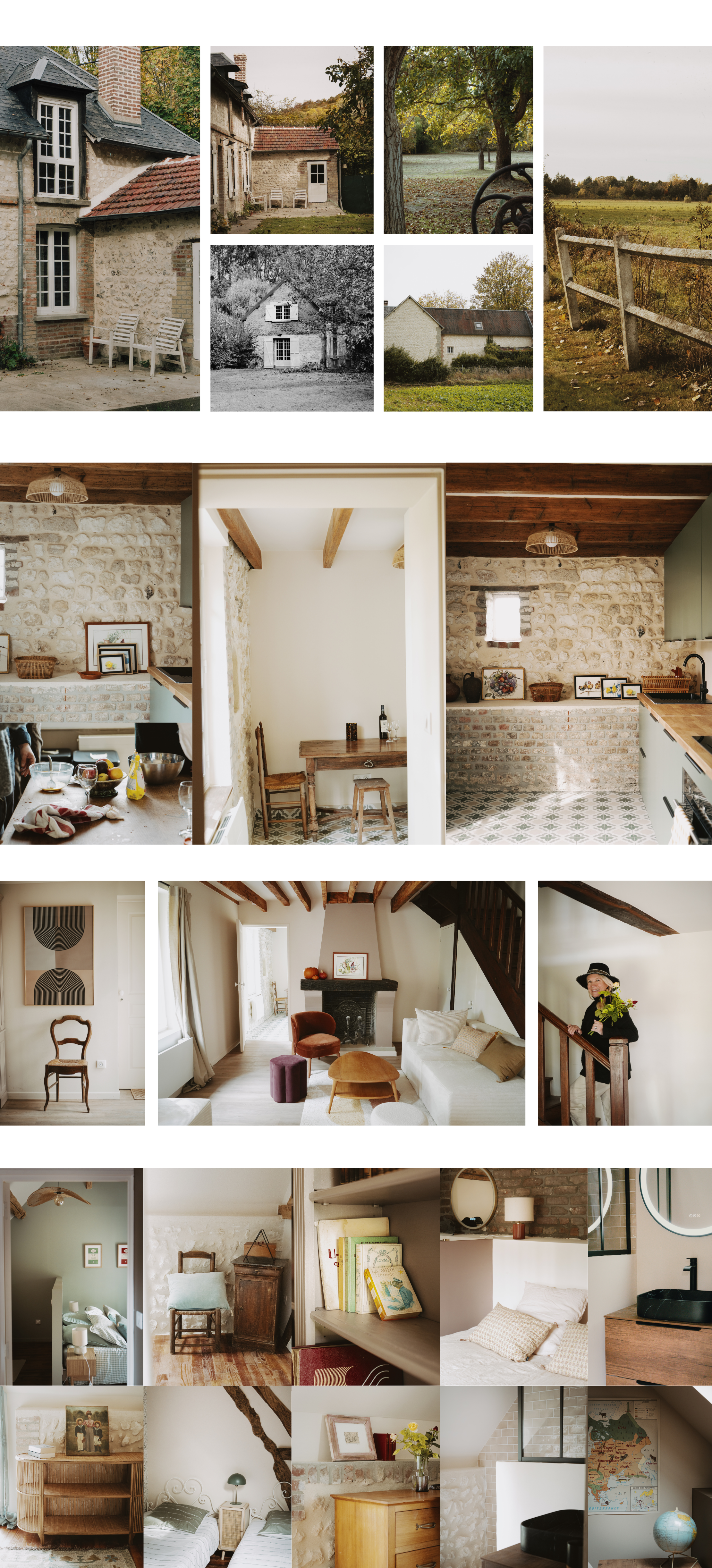 Collage of rural countryside scenes and interiors of cozy, rustic homes, featuring stone walls, wooden beams, vintage furniture, and decorative touches.