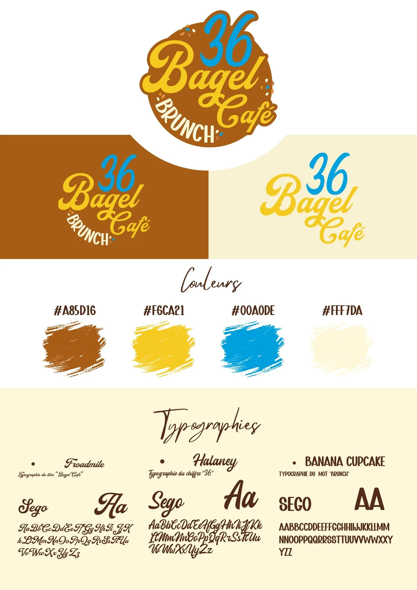 Conception graphique du logo et de la charte typographique du Café '36 Bagel', comprenant différentes couleurs, polices et styles de texte.