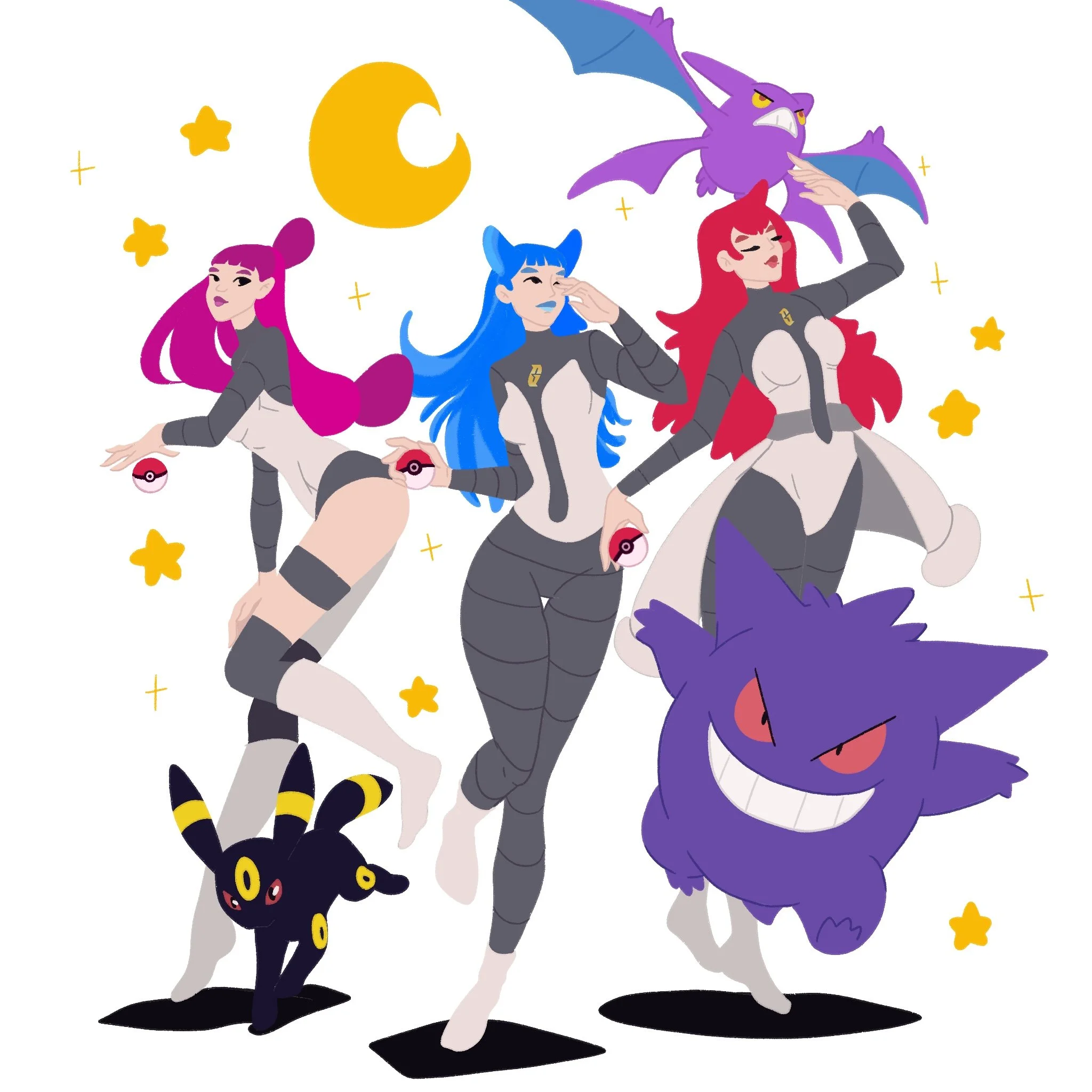 Trois femmes cosplaying Pokémon avec des Pokémon Fantominus, Gengar et Umbreon, équipées de Poké Balls, sous un ciel nocturne avec lune, étoiles et un Pokémon Drattak volant. Style de dessin animé.