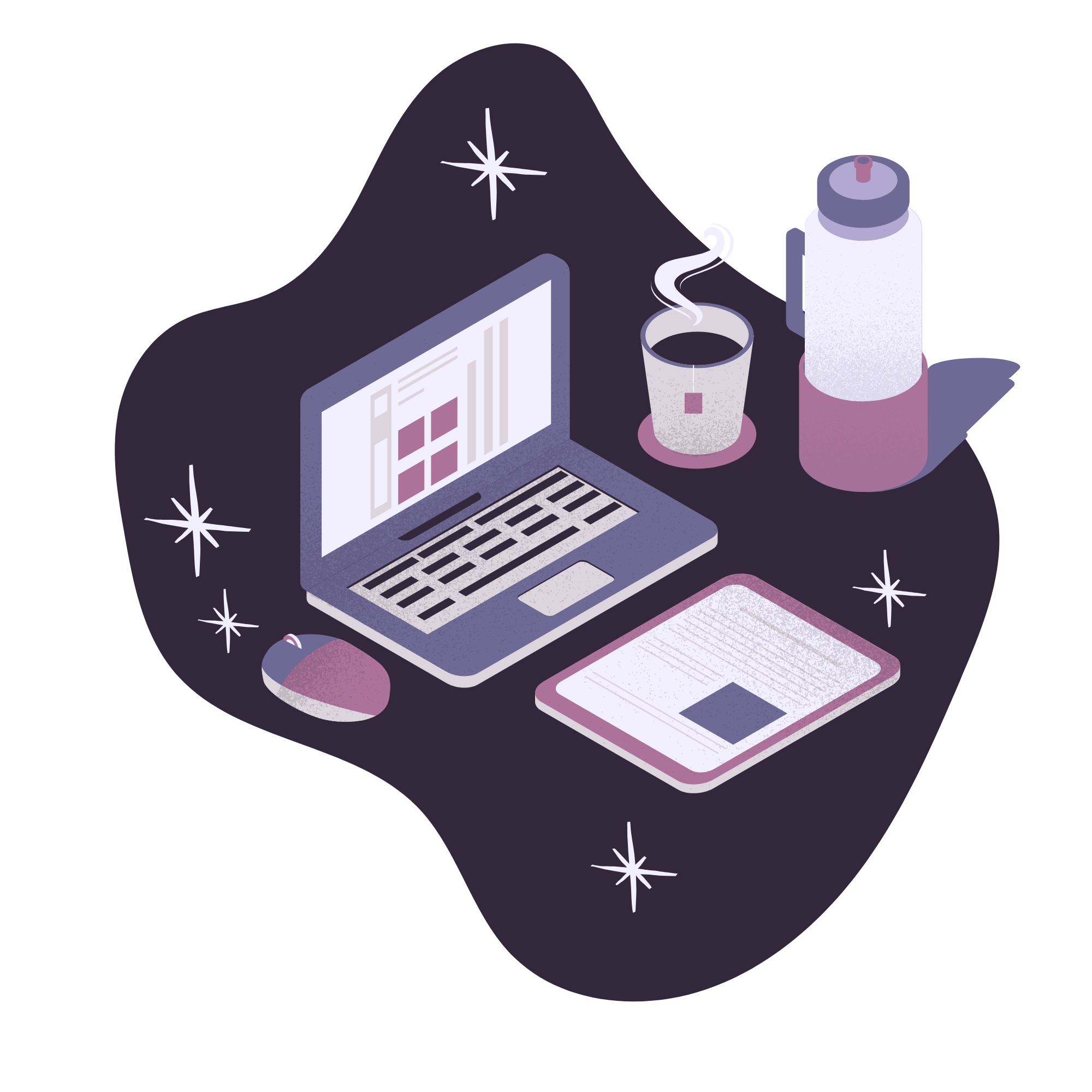 illustration d'un espace de travail avec un ordinateur portable, une souris, un carnet, une cafetière électrique, une tasse de café fumante, et un document ou cahier posé sur une surface sombre avec des étoiles stylisées