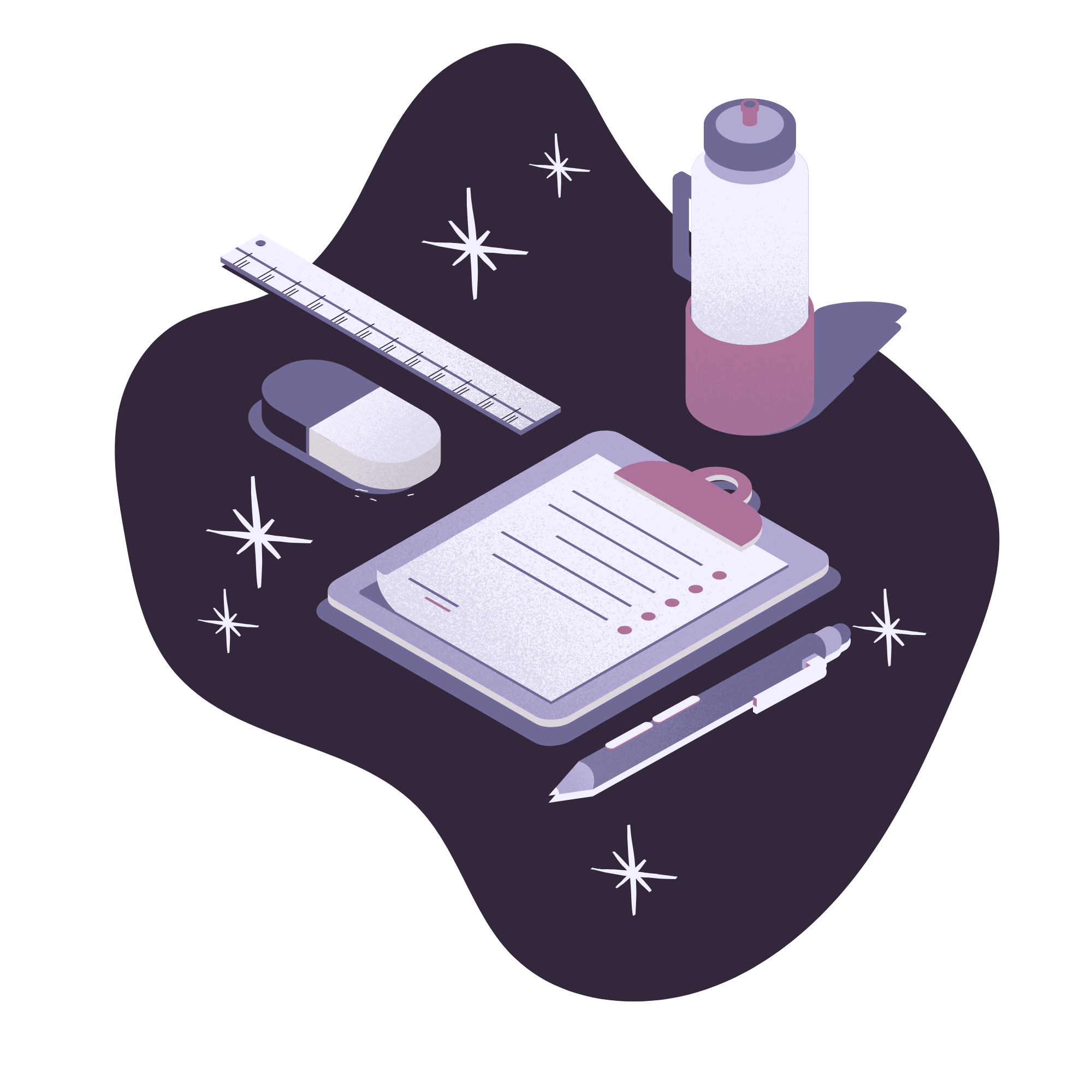 Objets de bureau sur une surface sombre, comprenant une règle, une gomme, une bouteille de liquide, un clipboard avec une fiche, et un stylo, avec des étoiles scintillantes autour.