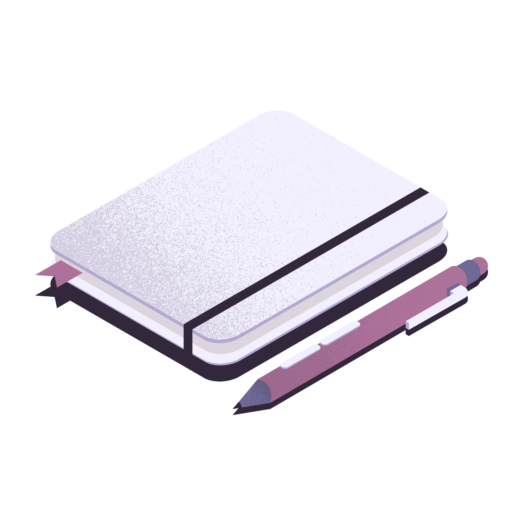 Une illustration d'un carnet avec un stylo à proximité, vue en perspective.