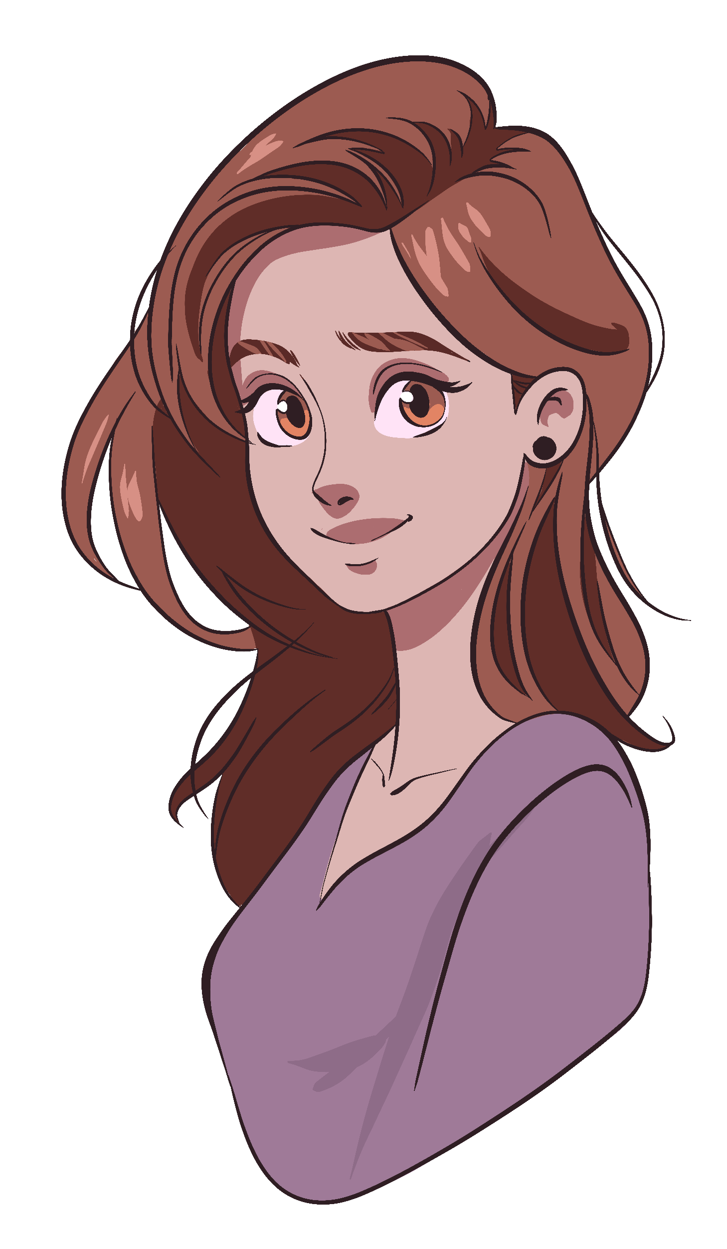 Une illustration d'une jeune femme aux cheveux longs et bruns, portant un pull violet clair, avec un fond noir.