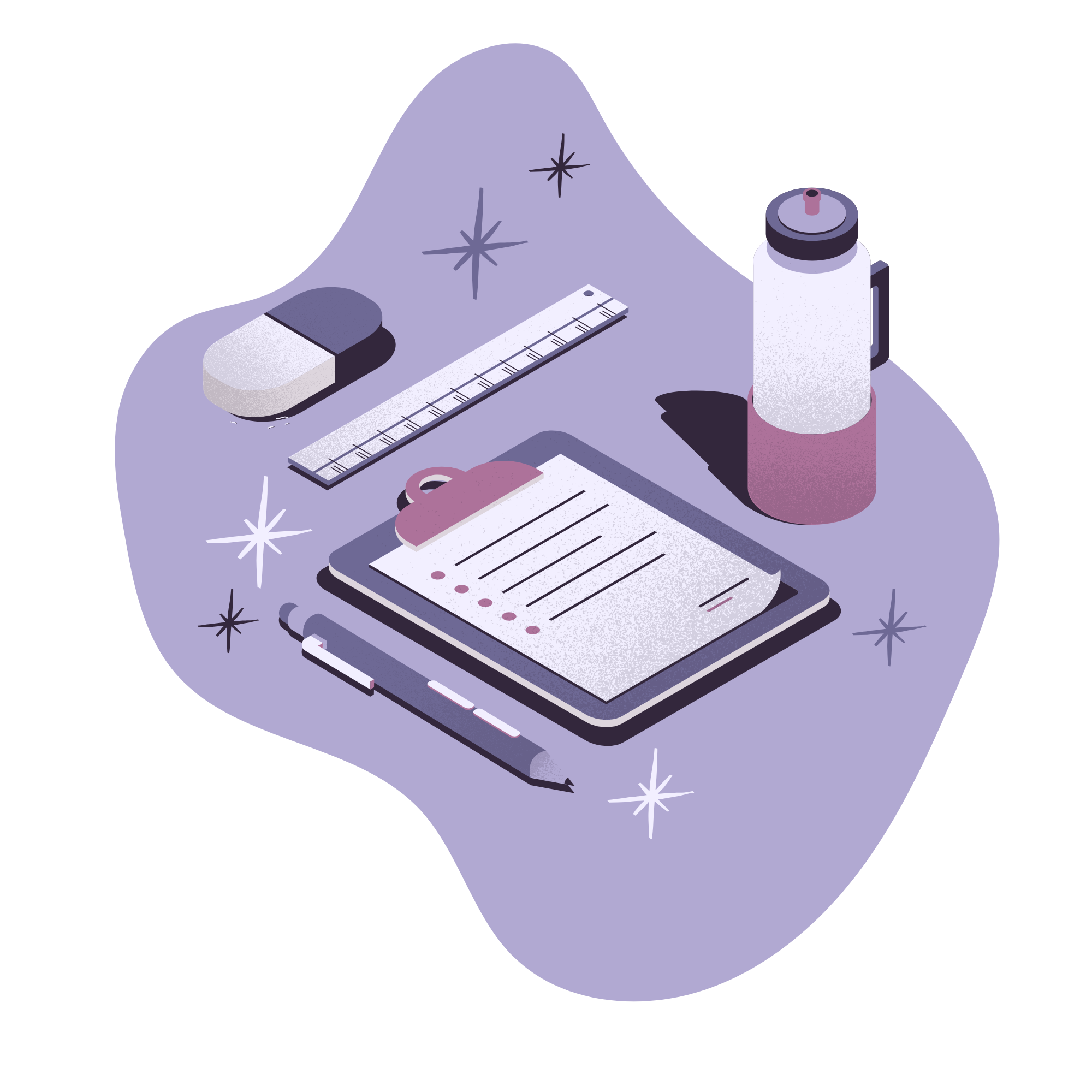 Matériel médical et de bureau sur une surface violette : une éponge, une règle, une bouteille, un carnet avec une liste, un stylo noir plié, et des étoiles brillantes.