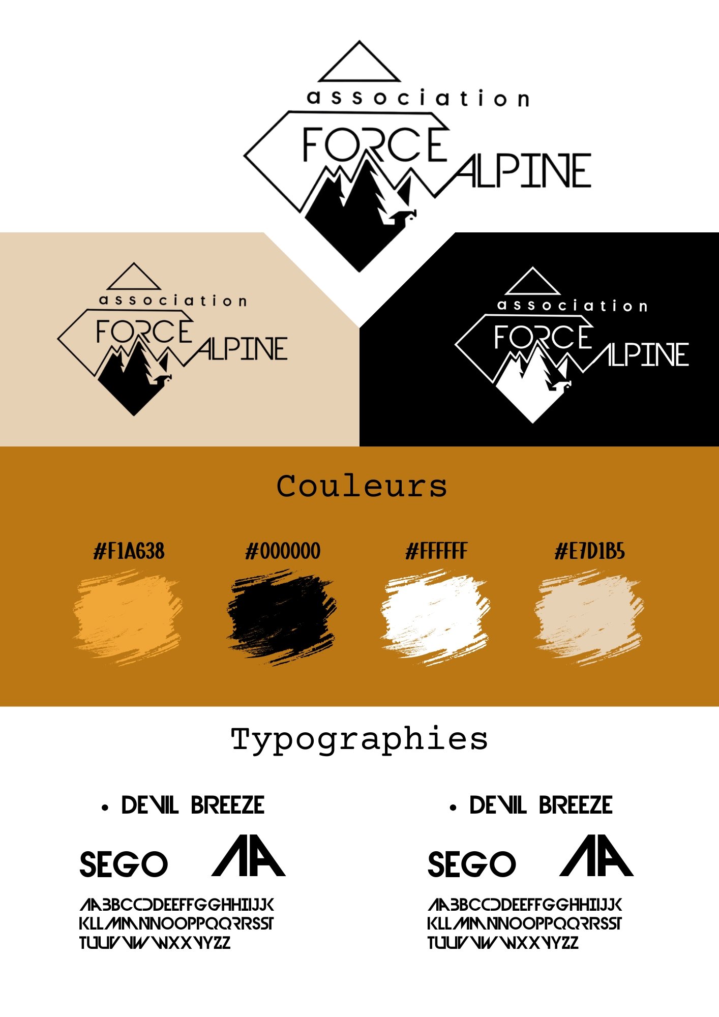 Logo de l'association Force Alpine, représentant des montagnes et un aigle, avec différentes options de couleurs et typographies.