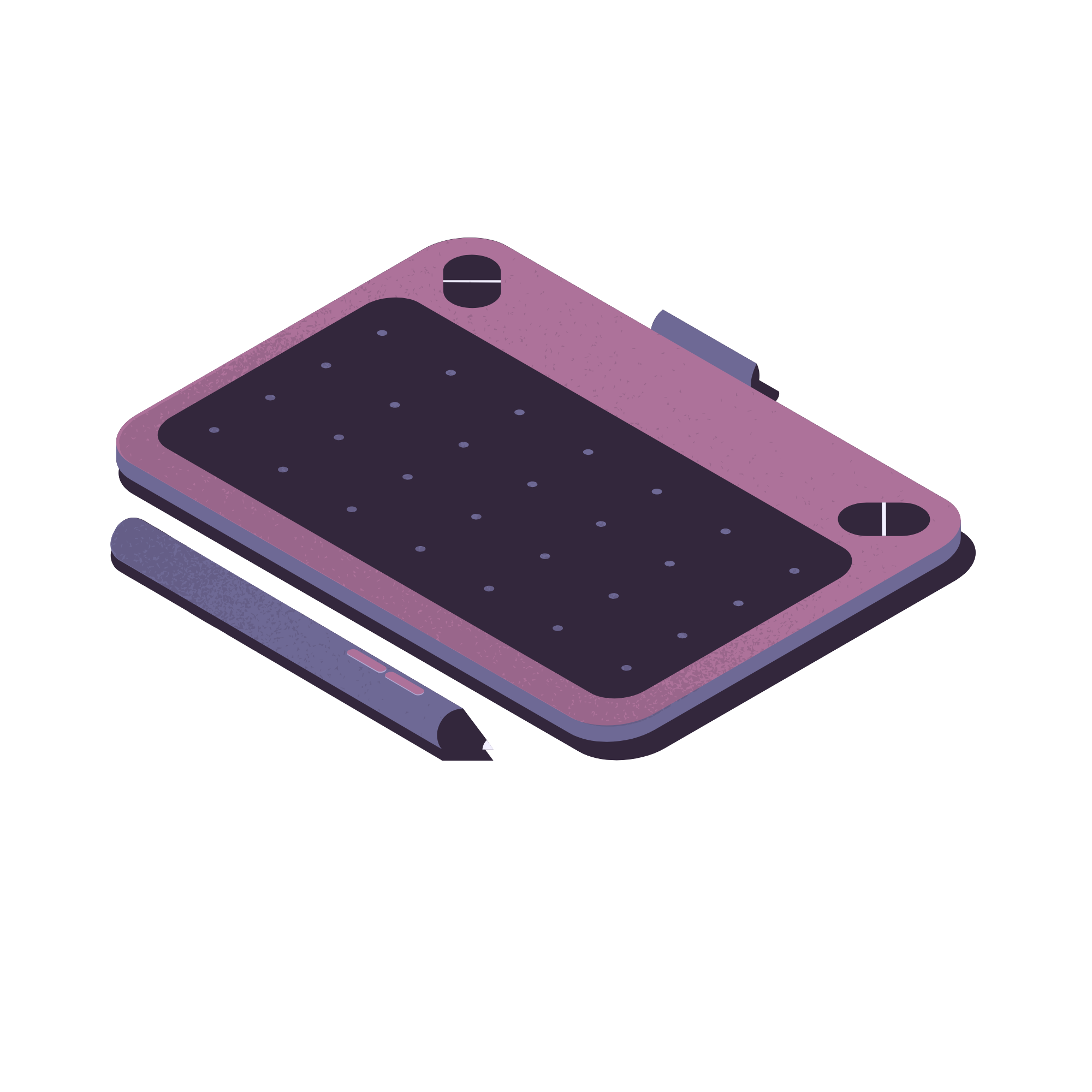 Tablette graphique pour dessin numérique avec stylet, vue isométrique.