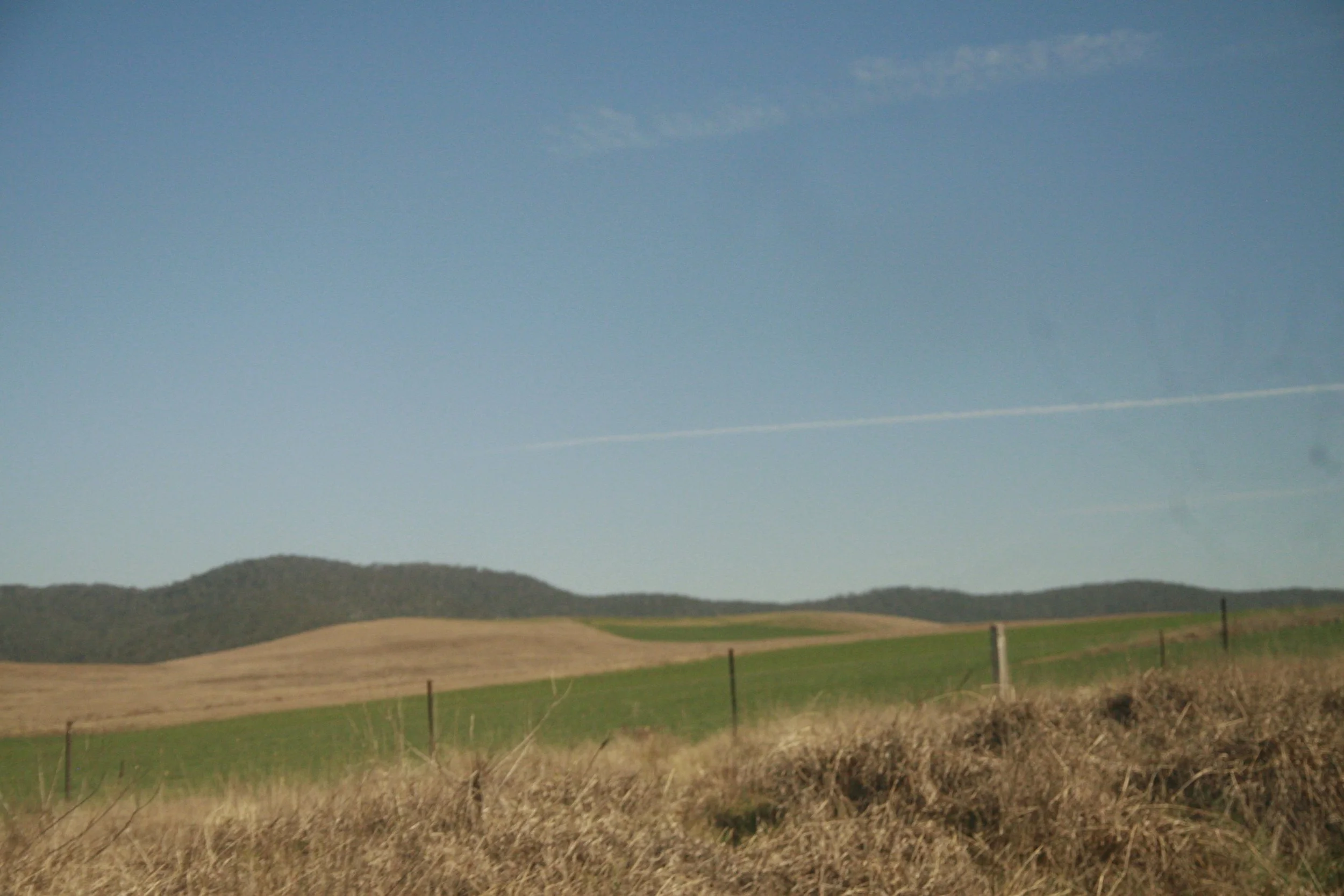 Open landscape with rolling hills, some green grass, dry brown vegetation, and a clear blue sky with few wispy clouds.
