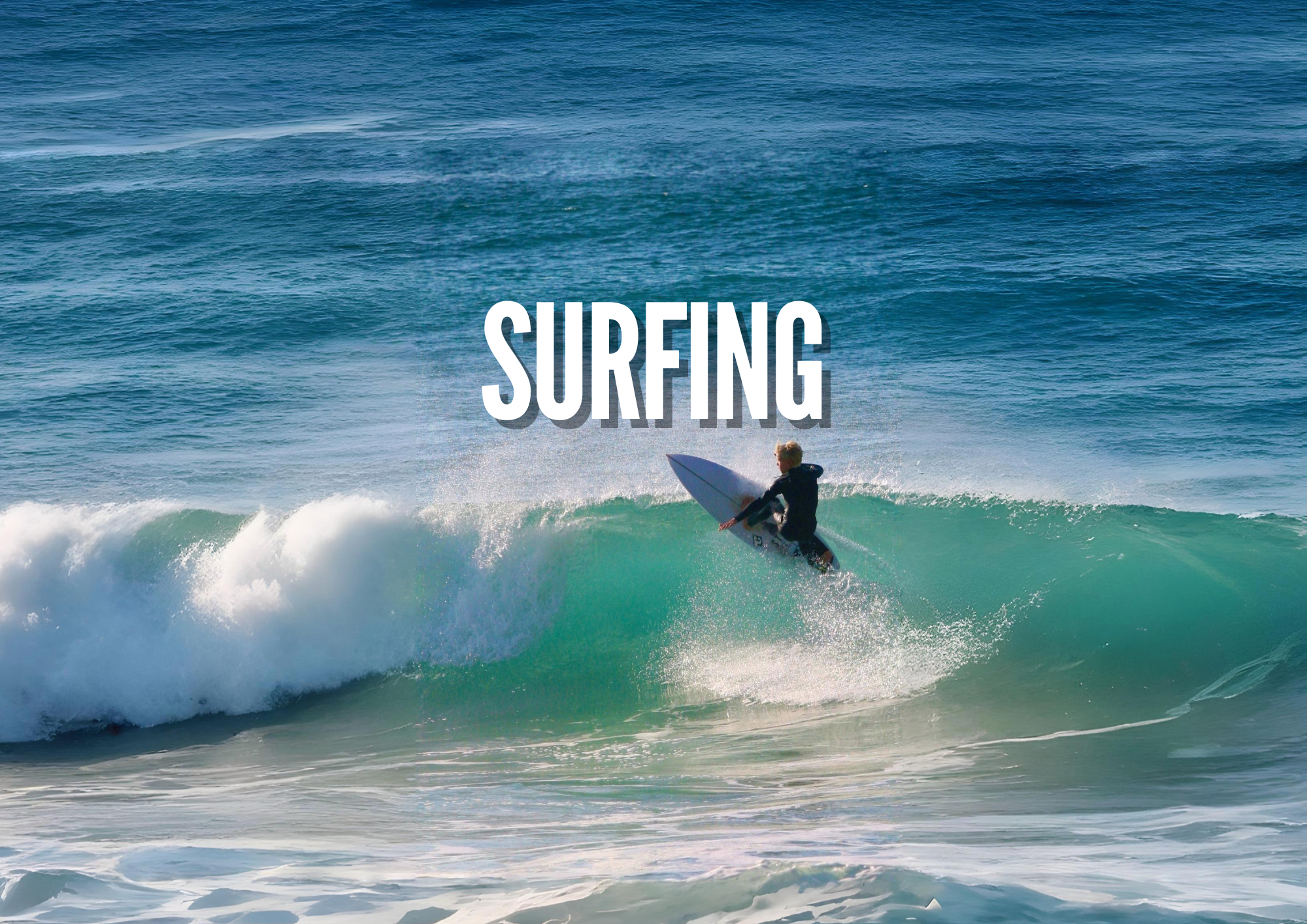 A person surfing on a wave in the ocean with the word 'SURFING' overlaid.