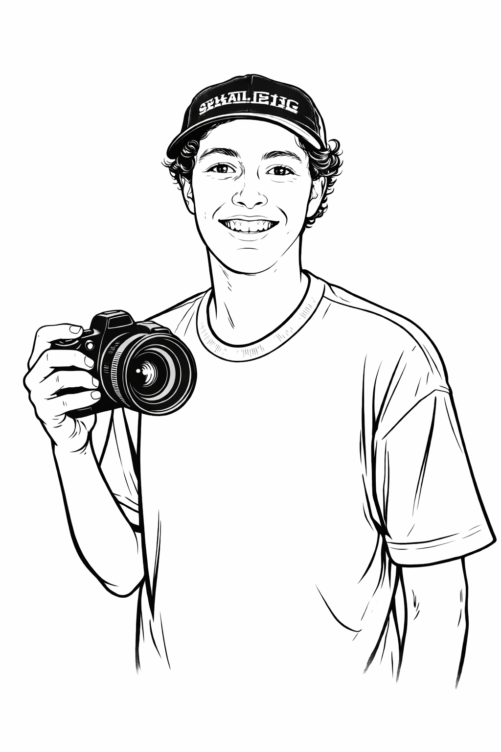 Black and white illustration of a young man smiling, wearing a baseball cap with the text 'STILL ALIVE' and holding a camera.