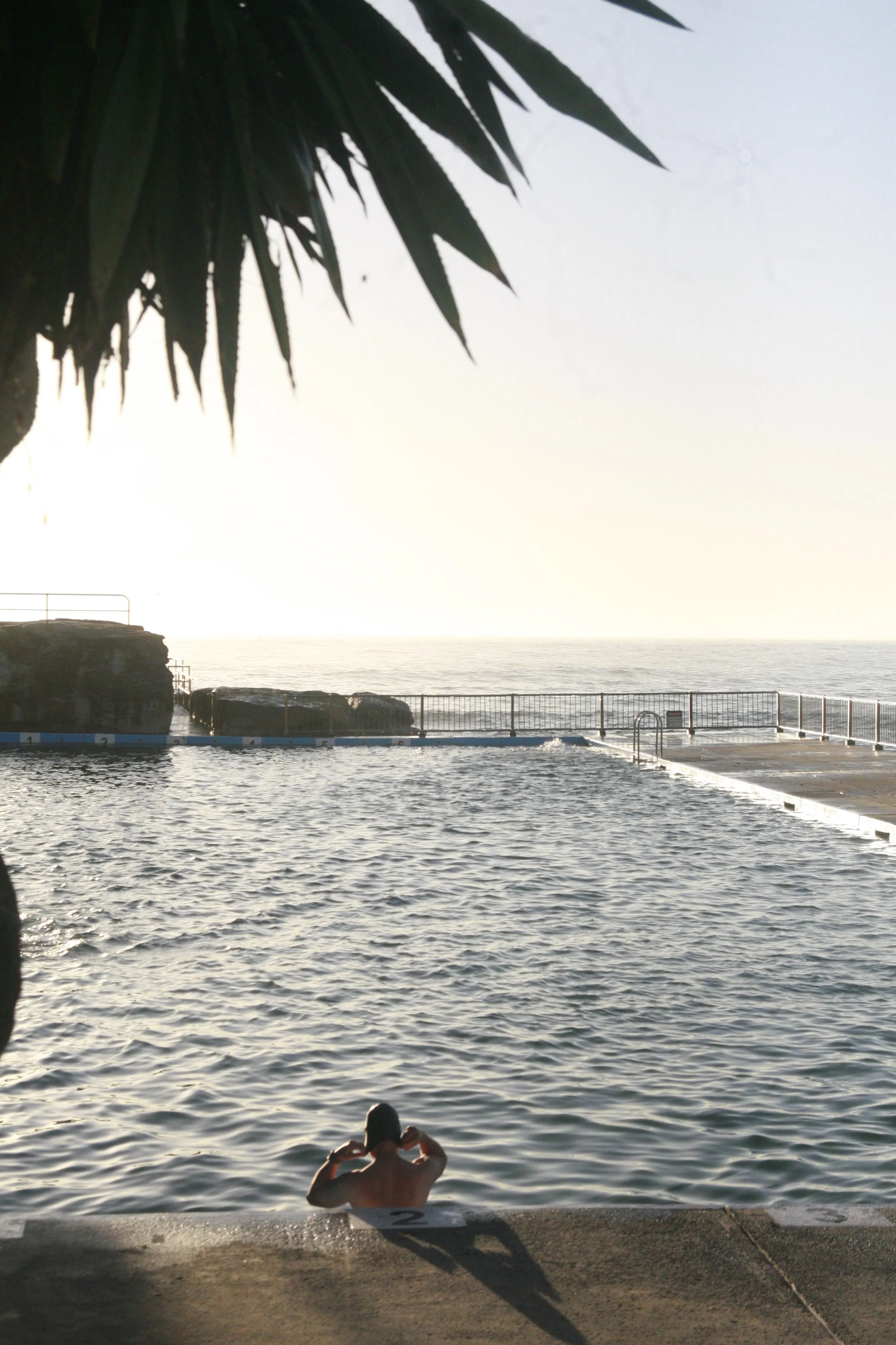A person wearing a swim cap and goggles is leaning on the edge of an outdoor swimming pool, with an ocean and bright sky in the background, and palm tree leaves partially visible at the top.
