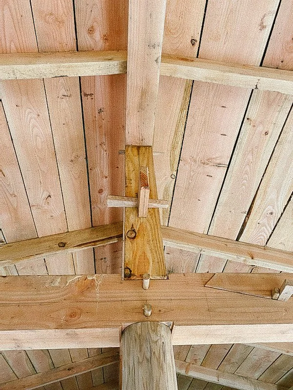 Close-up of a wooden roof structure with intersecting beams 